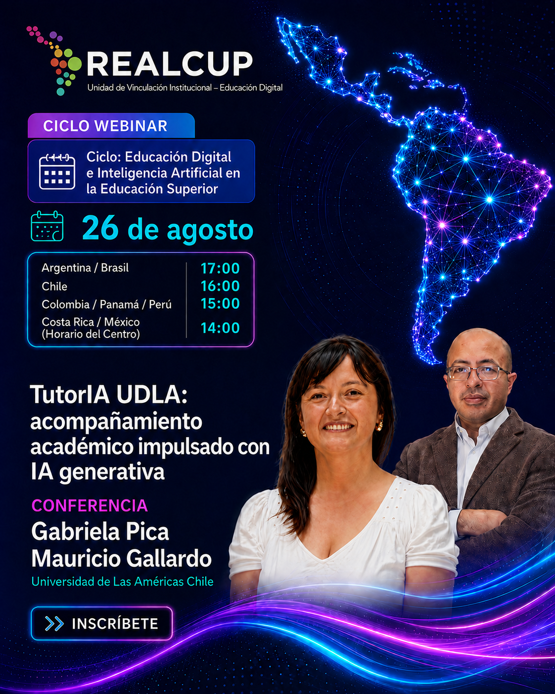 Afiche de TutorIA UDLA: acompañamiento académico impulsado con IA generativa, conferencia de Gabriela Pica y Mauricio Gallardo