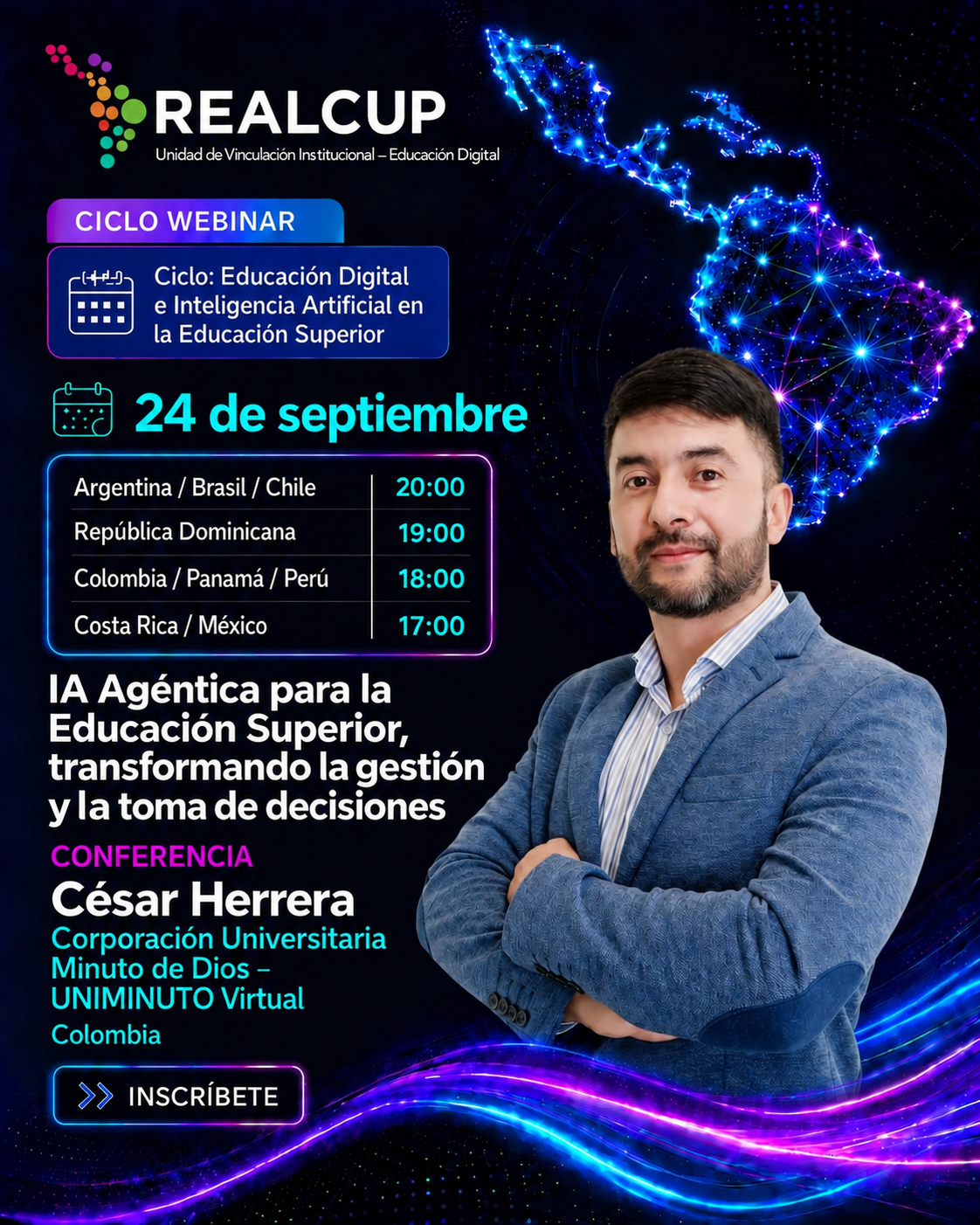Afiche de IA Agéntica para la Educación Superior, transformando la gestión y la toma de decisiones, conferencia de César Herrera