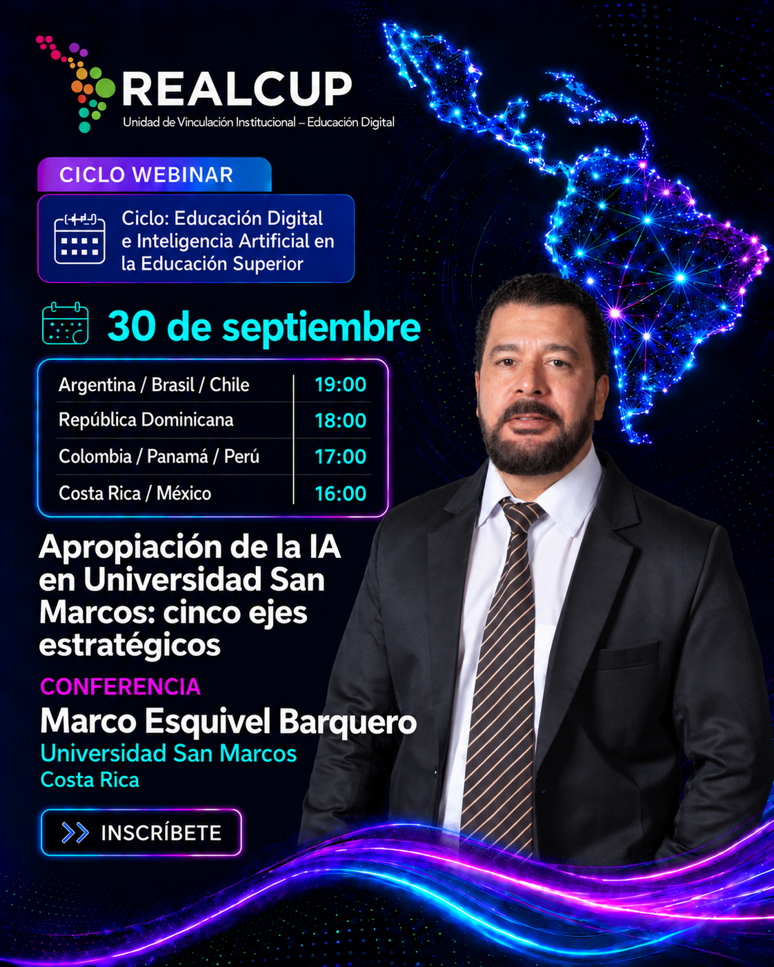 Afiche de Apropiación de la IA en Universidad San Marcos: cinco ejes estratégicos, conferencia de Marco Esquivel Barquero